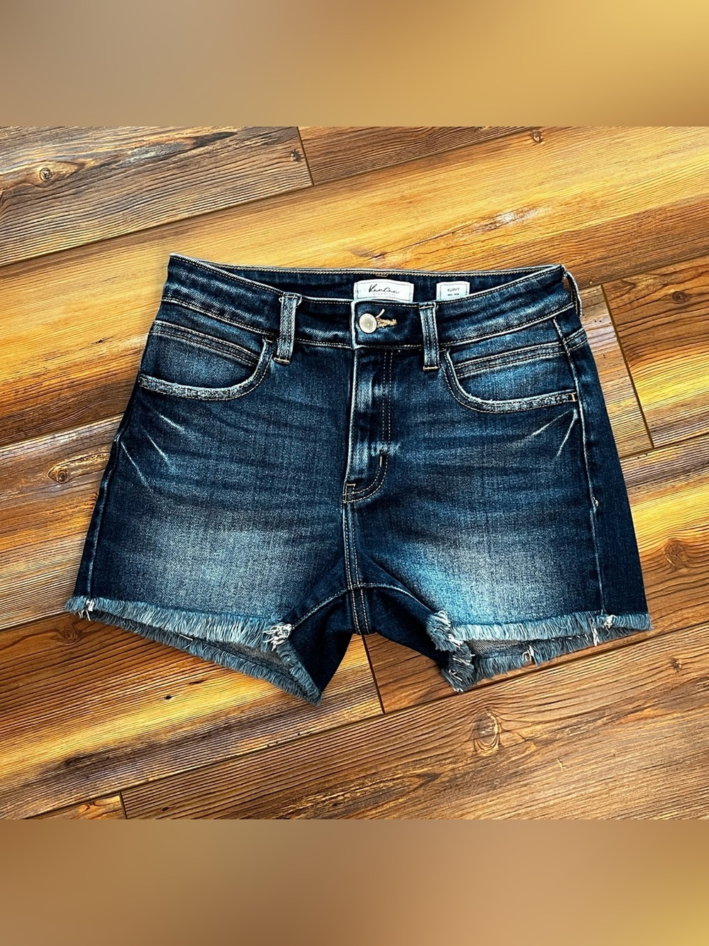 KanCan Kurvy Mid Rise Dark Wash Denim Cutoff Shorts
